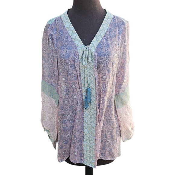 Gypsy Tops - GYPSY Sz L Mauve Pink Green Floral Patchwork SILK SHEER PEASANT BLOUSE Tassels